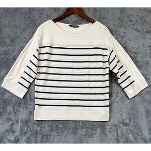 Lauren Ralph Lauren Shirt Top Womens Medium Cream Navy Stripe Coastal Nautical